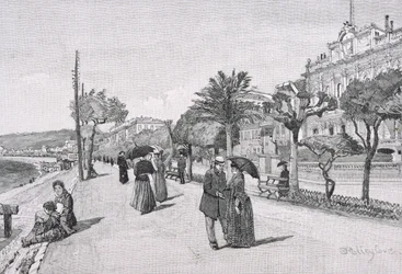 Promenade des Anglais, Nice, Francie, z knihy "The Picturesque Mediterranean", svazek 3, vydané nakladatelstvím Cassell and Co. Ltd., 80.-90. léta 19. století